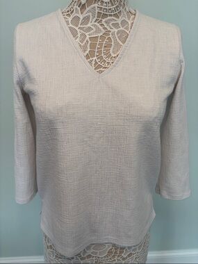 J. Crew Women White Three Quarters Sleeves Textured V-Neck Blouse Size S